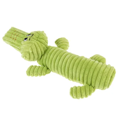 Grünes Plüschspielzeug in Krokodilform mit gestickten Augen und roten Nähten auf der Schnauze.