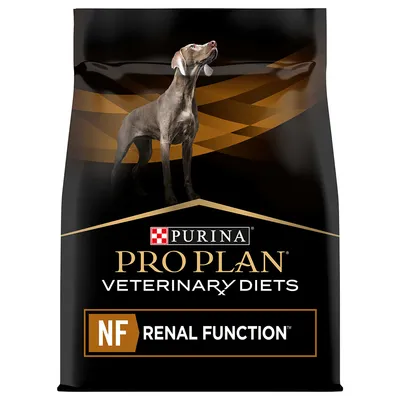 Purina Pro Plan Veterinary Diets NF Renal Function. Verpakking met afbeelding van een hond en productnaam.