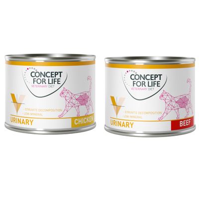 Concept for Life Veterinary Diet Katzenfutter in Dosen, Sorten Urinary Chicken und Beef. Struvite Decomposition, Low-Mineral. Prozent-Symbol für Rabattaktion sichtbar.