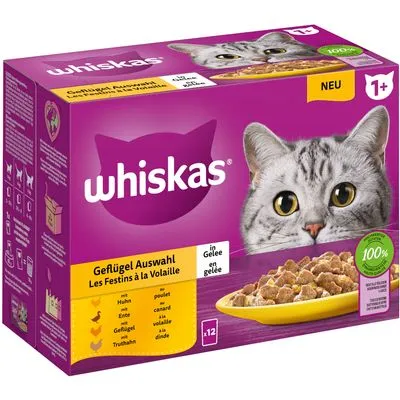 Gemengd Pakket Whiskas 1+ Adult Maaltijdzakjes 12 x 85 g Kattenvoer - Gevogelte-selectie in saus