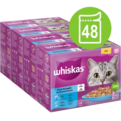 Whiskas Fish Selection in Jelly, 48 pouches for cats aged 7+. Varieties: salmon, tuna, cod, whitefish. 100% balanced ingredients, new.