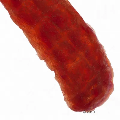 Nahaufnahme eines roten, strukturierten Hundesnacks in Streifenform.