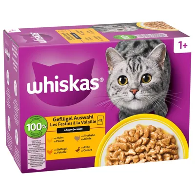 Whiskas 1+ Adult portionspåsar 12 x 85 g - Fjäderfäurval i sås
