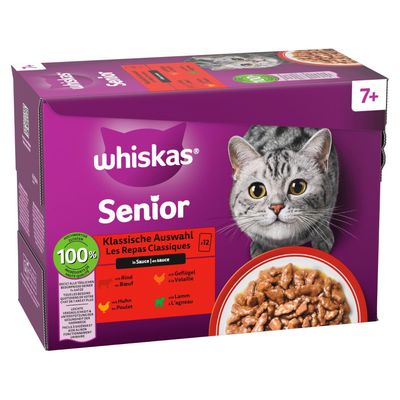 Whiskas rybí výběr v želé, 144 porcí pro kočky od 7 let. Druhy: losos, tuňák, treska, bílá ryba. 100% vyvážená strava.