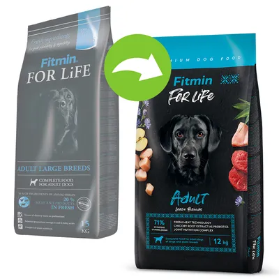 Două ambalaje de hrană uscată pentru câini Fitmin For Life Adult Large Breeds, unul vechi de 15 kg și unul nou de 12 kg, cu săgeată verde indicând schimbarea ambalajului.