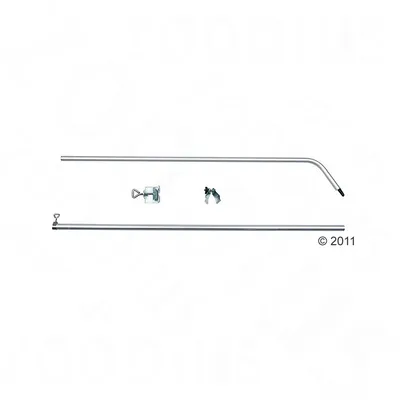 Metal rods and accessories for assembly, including clamps and screws. Suitable for installation or fastening.