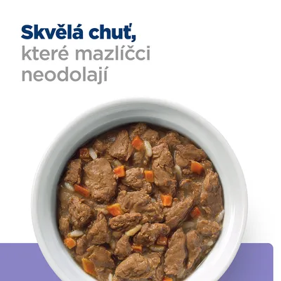 Text v češtine: Skvělá chuť, které mazlíčci neodolají. Miska s kúskami mäsa a zeleniny v omáčke.