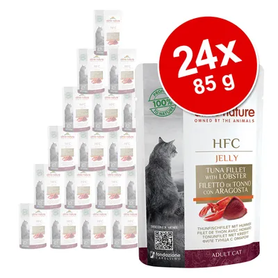 Almo Nature HFC Jelly tonijnfilet met kreeft, 24 zakjes à 85 g. Op verpakking: afbeelding kat, tekst '100% natural', 'adult cat', QR-code en productnaam in meerdere talen.