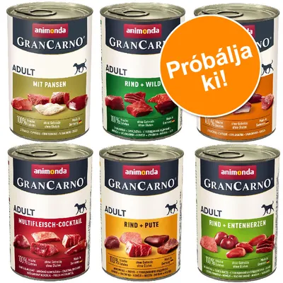 Animonda GranCarno Adult konzerves kutyaeledel, 6 féle: Mit Pansen, Rind + Wild, Multifleich-Cocktail, Rind + Pute, Rind + Entenherzen. Narancssárga kör: Próbálja ki! Animonda GranCarno Adult konzerves kutyaeledel, 6 féle: Mit Pansen, Rind + Wild, Multifleich-Cocktail, Rind + Pute, Rind + Entenherzen. Narancssárga kör: Próbálja ki!