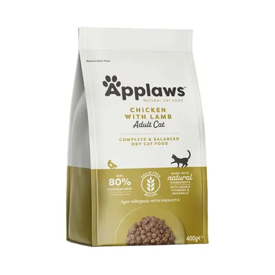 Applaws dry food for adult cats, chicken with lamb variety, hypoallergenic, grain-free, at least 80% animal protein, made from natural ingredients, pack size 400g.