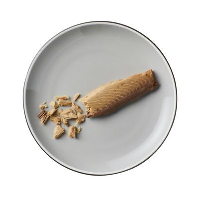 Stuk en vlokken visfilet op een wit bord, geschikt als ingrediënt of topping voor huisdiervoeding. Geen merknaam of verpakking zichtbaar.