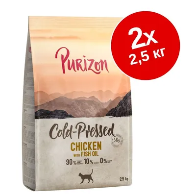 Purizon Cold-Pressed Chicken with Fish Oil, 2×2,5 кг. Видими стойности: 90 % премиум съставки, 10 % минерали, 0 % зърно. Опаковка с изображение на котка.
