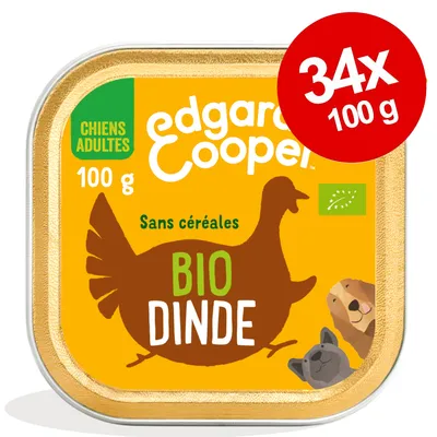 Edgard & Cooper BIO DINDE, sans céréales, chiens adultes, 100 g. Lot de 34 barquettes. Label bio visible sur l’emballage.