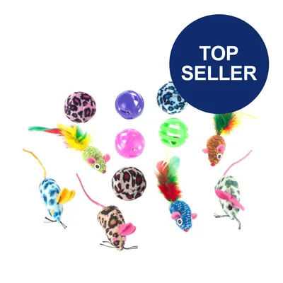 Spielzeugset mit bunten Bällen und Mäusen, teilweise mit Federn. Kreisförmiger blauer Sticker mit Text 'Top Seller'. Spielzeugset mit bunten Bällen und Mäusen, teilweise mit Federn. Kreisförmiger blauer Sticker mit Text 'Top Seller'.