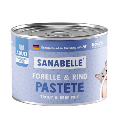 Sanabelle juicy cat menu with beef, chicken and sunflower oil. No added grain. 100% exquisite ingredients. Complete feed for adult cats.