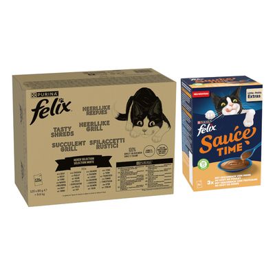 Purina Felix Dupla Finomság Duo Countryside Selection aszpikban, 120x85 g, 100%-ban teljes értékű és kiegyensúlyozott, omega-6 zsírsavakat és vitaminokat tartalmaz. Csomagoláson macska látható.