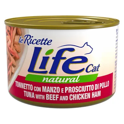 Life Cat Natural, tonno con manzo e prosciutto di pollo. Le Ricette. Testo visibile sulla lattina.