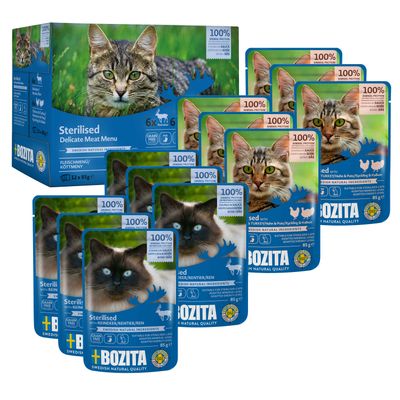 Confezione e bustine di cibo per gatti sterilizzati Bozita Sterilised Delicate Meat Menu, 12 x 85 g, con immagini di gatti e testo: 100% animal protein, grain free, Swedish natural ingredients.