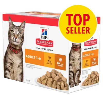 Box showing Science Plan Poultry Selection Adult 1-6, 6x chicken and 6x turkey chunks in gravy, with a yellow 'Top Seller' badge.