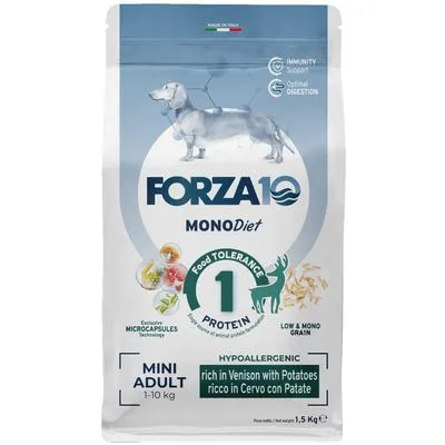 FORZA10 MONODiet Mini Adult 1–10 kg, hypoallergeen hondenvoer met hert en aardappel, 1 eiwitbron, microcapsules, low & mono grain, zak van 1,5 kg. Tekst deels in het Engels/Italiaans.