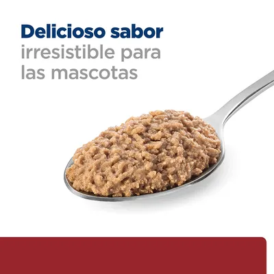 Delicioso sabor irresistible para las mascotas. Imagen de una cuchara con comida húmeda para mascotas.
