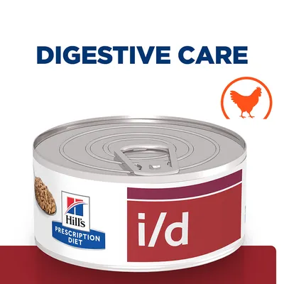 Digestive care canned food with i/d label, showing chicken icon and Hill's Prescription Diet branding.