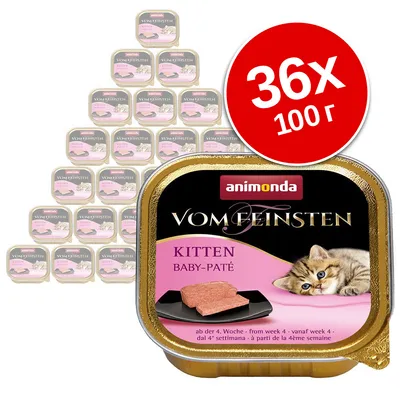 Пакет от 36 броя Animonda Vom Feinsten Kitten Baby-Paté, по 100 г. Видими са опаковките с изображение на коте и надписите: KITTEN BABY-PATÉ, ab der 4. Woche.