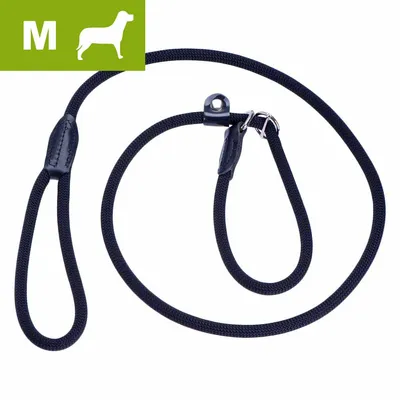Black rope lead with loop handle and adjustable collar, size M indicated by icon in top left corner.