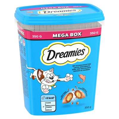 Dreamies Mega Box mit köstlichem Käse, 350g. Innen cremig, aussen knusprig. Krallensichere Box. Vitamine & Mineralstoffe, weniger als 2 kcal pro Stück.