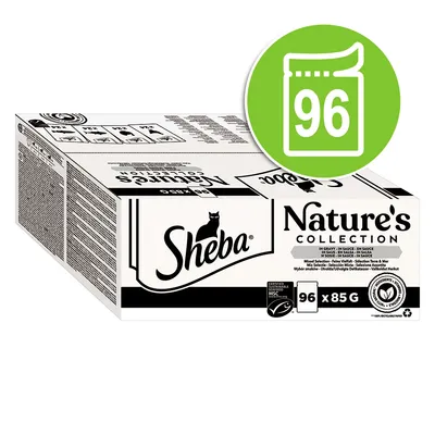 Упаковка Sheba Nature's Collection, 96 паучей по 85 г. Видны логотипы MSC и знак переработки.