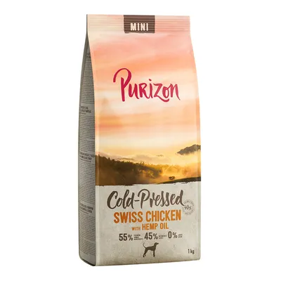 Purizon Mini Cold-Pressed Swiss Chicken s konopným olejem, 55 % zdrojů bílkovin, 45 % zeleniny a ovoce, 0 % obilovin. Balení 1 kg.