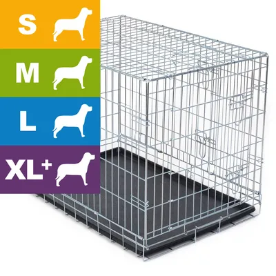 Wire pet crate shown with size options: S, M, L, XL+, each represented by a silhouette of a different sized animal.