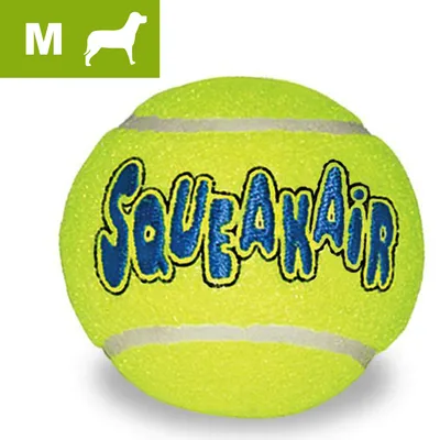 Medium-sized yellow ball with the word 'Squeakair' written on it, suitable for dogs as indicated by the dog icon and letter M in the top left corner. Medium-sized yellow ball with the word 'Squeakair' written on it, suitable for dogs as indicated by the dog icon and letter M in the top left corner.