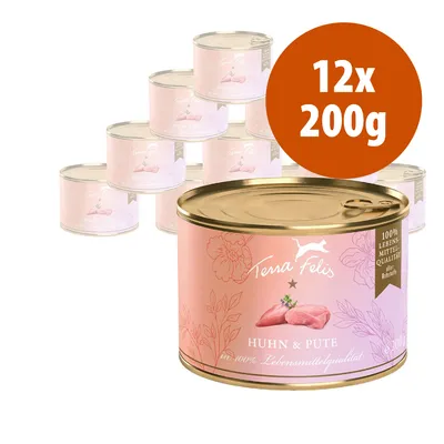 Zestaw 12 puszek Terra Felis Huhn & Pute, każda 200 g. Widoczny napis: 100% Lebensmittelqualität. Opakowania w kolorze różowym z ilustracją mięsa.