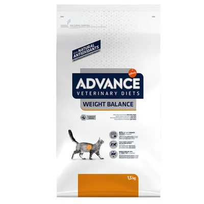 Advance Veterinary Diets Weight Balance kissanruoka, 1,5 kg. Teksti: with natural antioxidants, clinically proven. Kuvassa kissa ja tuotteen ominaisuuksia englanniksi.