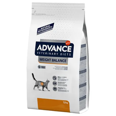 Advance Veterinary Diets Weight Balance kissanruoka, 1,5 kg. Pakkauksessa teksti: With natural antioxidants, clinically proven. Kuvassa kissa ja tuotteen ominaisuuksia englanniksi.