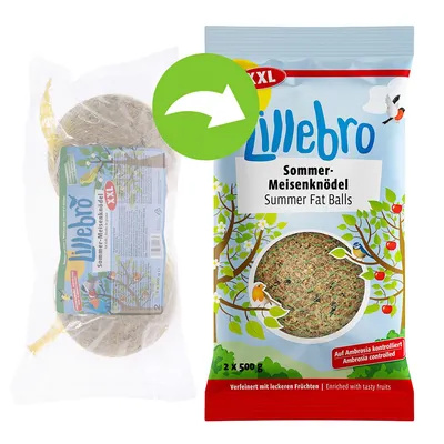 Balenie Lillebro Sommer-Meisenknödel XXL Summer Fat Balls, 2 x 500 g. Viditeľný nápis: Ambrosia controlled, Enriched with tasty fruits.