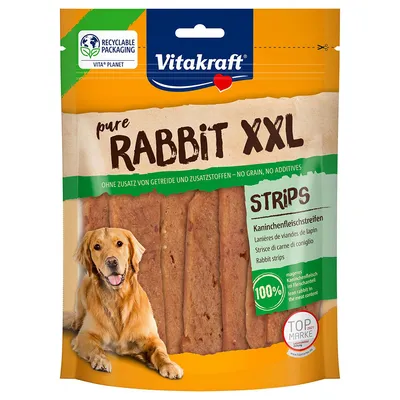 Vitakraft pure Rabbit XXL Strips, fâșii de carne de iepure, fără cereale și aditivi, 100% carne de iepure slabă, ambalaj reciclabil, Top Marke 2021.