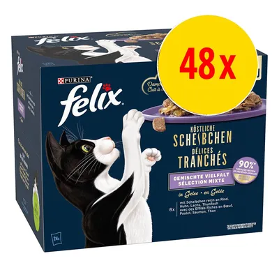 Caja de comida húmeda para gatos Purina Felix, selección mixta en gelatina, 48 unidades. Texto visible: 90 % proteínas animales, Scheibchen Délices Tranchés.