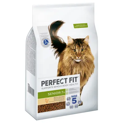 Perfect Fit Senior 7+ ração seca para gatos, rica em frango. Apoia a saúde geral do corpo. Total 5 Fórmula com ingredientes de alta qualidade.