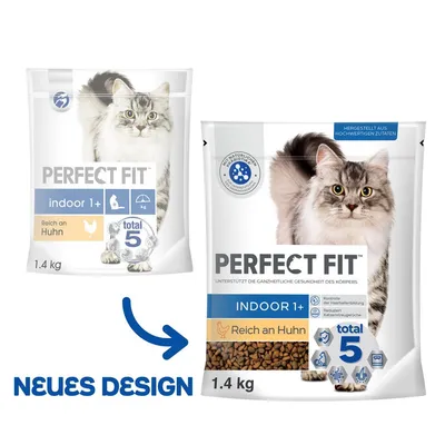 To poser Perfect Fit kattefoder, indoor 1+, Reich an Huhn, total 5, 1,4 kg. Tekst: NEUES DESIGN. Nyt og gammelt design vises side om side med pil imellem.