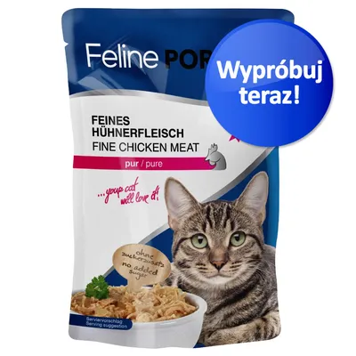 Feline PORTA, Feines Hühnerfleisch Fine Chicken Meat, pur/pure, bez dodatku cukru. Na opakowaniu zdjęcie kota i miski z karmą. Niebieska nakładka: Wypróbuj teraz!