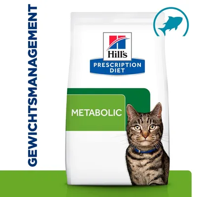 Hill's Prescription Diet Metabolic Katzenfutter für Gewichtsmanagement, Verpackung mit Bild einer getigerten Katze.