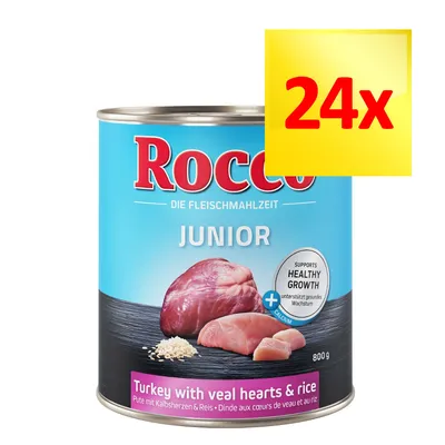 Rocco Junior, 800 g, indyk z sercami cielęcymi i ryżem, zestaw 24x. Na etykiecie: supports healthy growth, plus calcium.