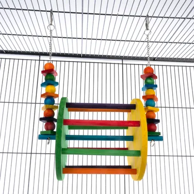 Gekleurd houten speelgoed met kettingophanging, geschikt voor vogelkooien. Bevat gekleurde houten kralen en staven, bevestigd aan metalen kettingen.