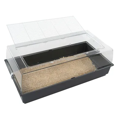 Bac rectangulaire en plastique noir avec couvercle transparent et grille métallique, rempli de litière ou copeaux de bois. Couvercle partiellement ouvert, aucun animal visible.