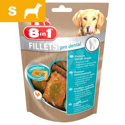 8in1 FILLETS pro dental, friandises au poulet pour chien, enrichies en menthe et persil, sachet avec visuel d’un chien et icône S pour petite taille