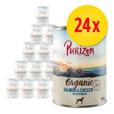 Lot de 24 boîtes Purizon Organic Salmon & Chicken with Spinach, 400 g chacune. Texte visible : 13 % protein. Illustration de montagne sur l’emballage.