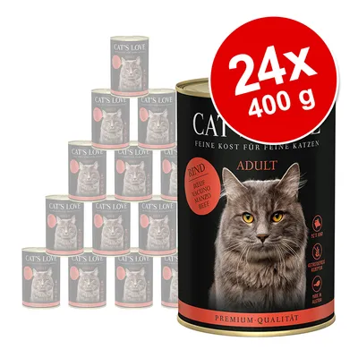 Cat's Love Adult Rind hovězí, sada 24×400 g konzerv pro kočky. Na obalu obrázek kočky a text: 92 % Rind, getreidefreie Rezeptur, more in Austria, premium-qualität.
