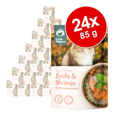 Pure Nature kattemad, Lachs & Shrimps mit Brunnenkresse, 24 x 85 g. Billede viser pakke med kat og skål med laks og rejer. Tekst: 70 %, 0 %.